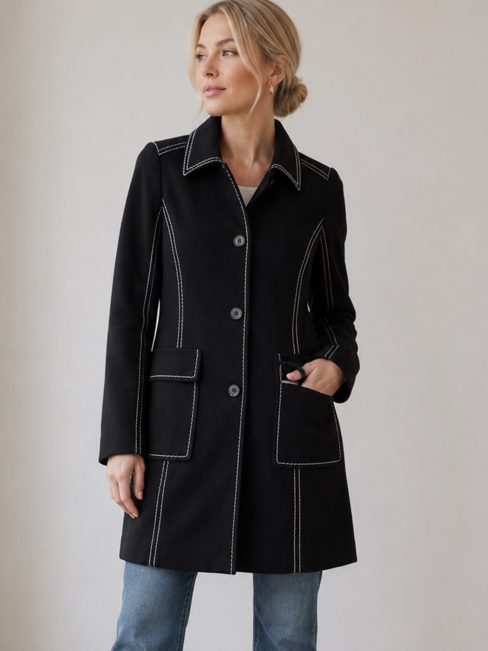 RIANI Black Contrast Stitch Tailored Coat Jacket Size 6 Designer Long Blazer